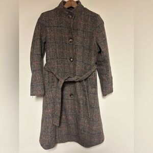 Tweed Belted Plaid Women’s Coat Lined Brown Orange Blue Size S